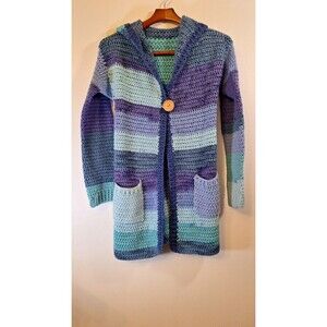 Womens Sz Small HAND KNITTED Crochet Thick Chunky Knit Long Hooded Cardigan Boho